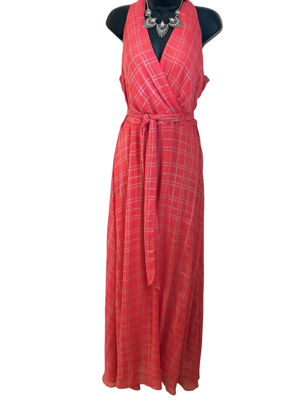 Chetta B Sleeveless Coral Pink Flowy Faux Wrap Maxi Dress with Waist Tie